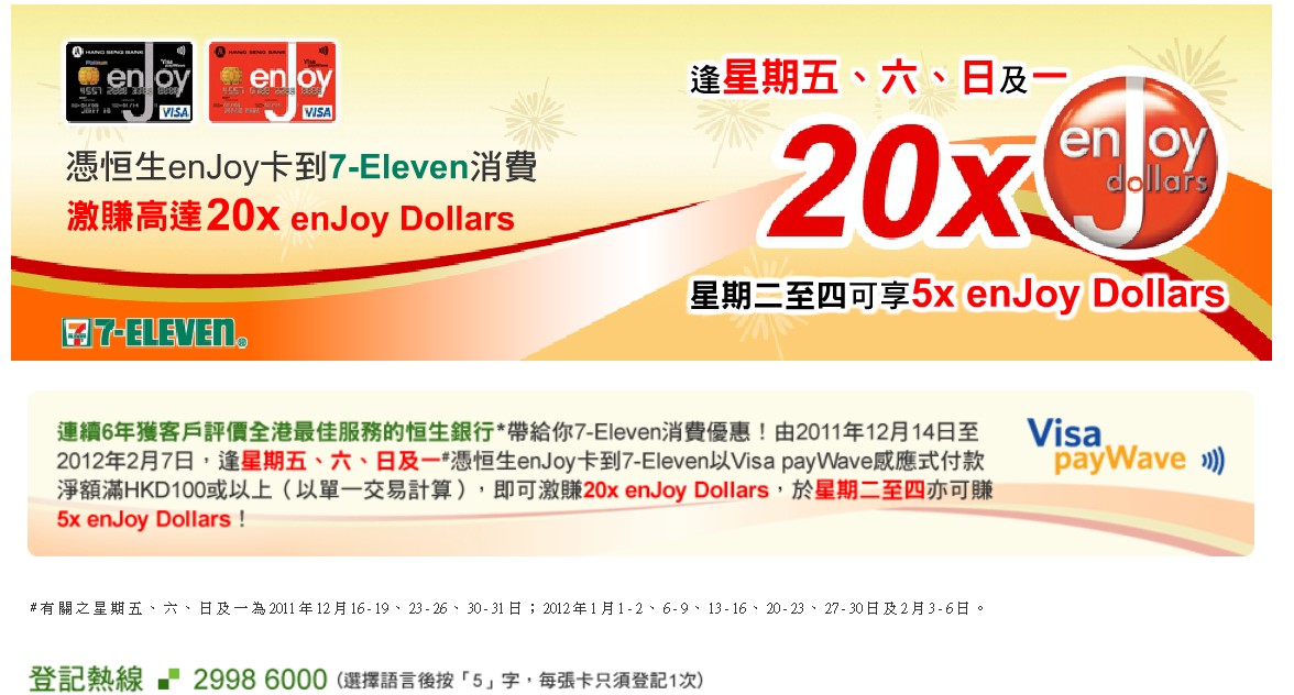 憑恒生enJoy卡到7-Eleven以Visa payWave消費可激賺高達20x enJoy Dollars